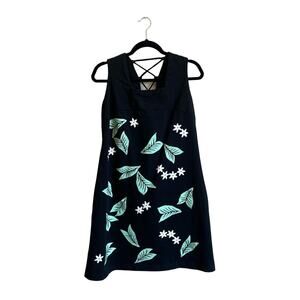 Vintage L M. Mac navy blue white green Hawaiian tank top dress flower palmetto